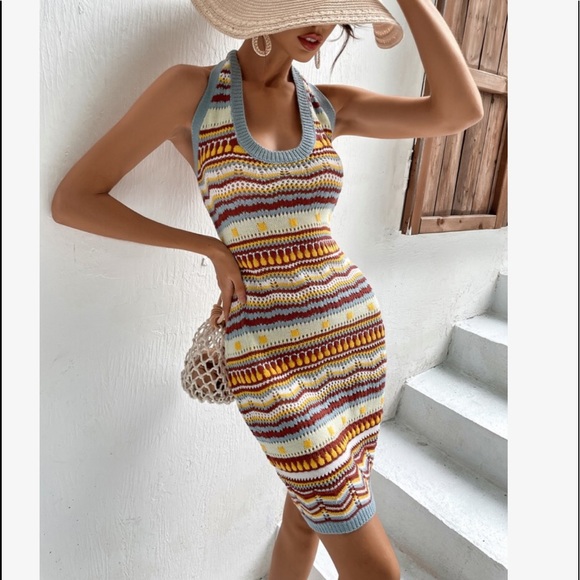 Boho Stripe Chevron Color Block Fitted Halter Knit Dress - Picture 1 of 5